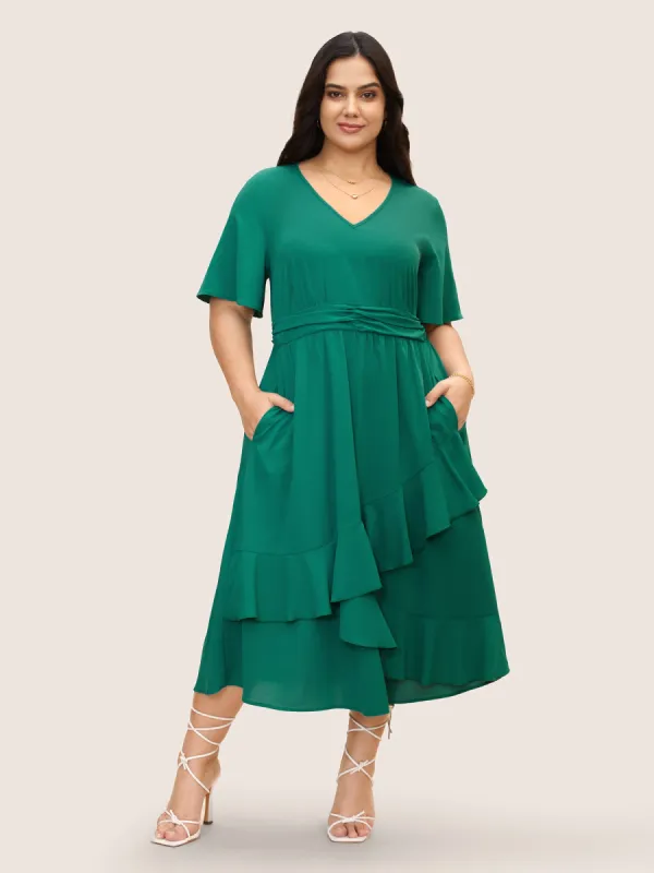 Plain Ruched Patchwork Ruffle Trim Dress sold by Bloomchic