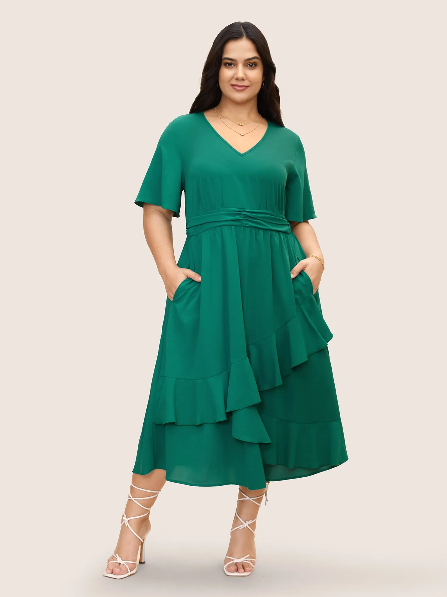 Plain Ruched Patchwork Ruffle Trim Dress sold by Bloomchic