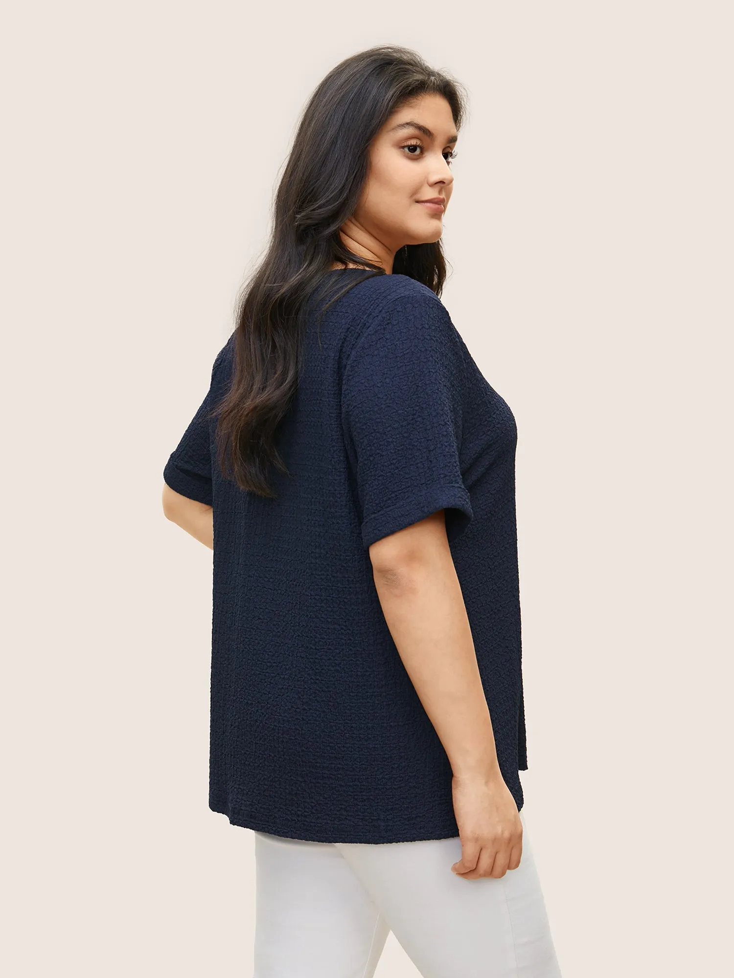 Plain Textured Crew Neck Cuffed Sleeve T-shirt sold by Bloomchic product image thumbnail 2