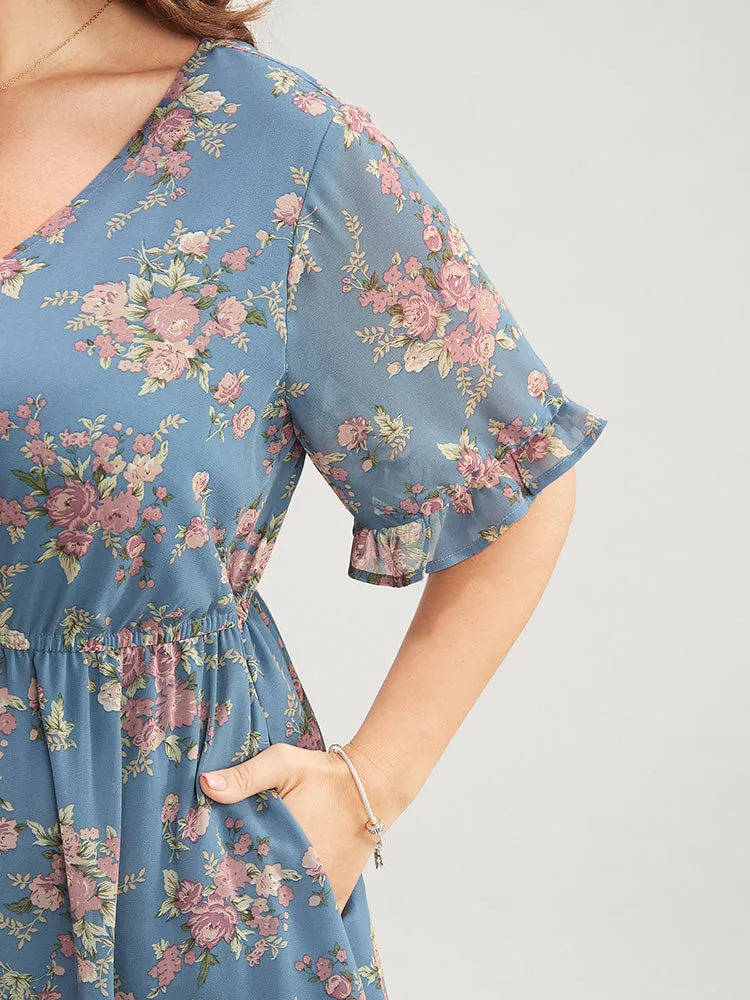 Floral Print V Neck Elastic Waist Mesh Pocket Ruffles Dress sold by Bloomchic product image thumbnail 5