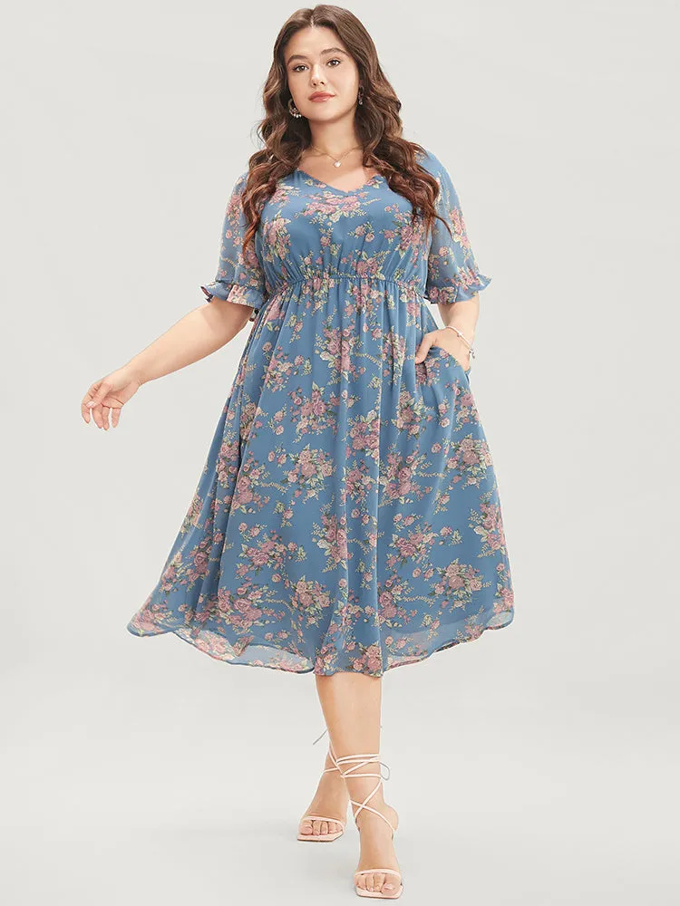 Floral Print V Neck Elastic Waist Mesh Pocket Ruffles Dress sold by Bloomchic