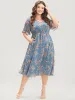Floral Print V Neck Elastic Waist Mesh Pocket Ruffles Dress sold by Bloomchic