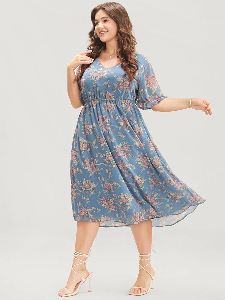 Floral Print V Neck Elastic Waist Mesh Pocket Ruffles Dress sold by Bloomchic product image thumbnail 2