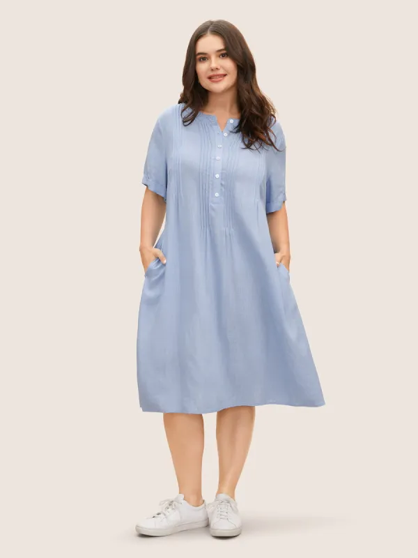 Linen Blend Crew Neck Button Detail Pleated Dress sold by Bloomchic