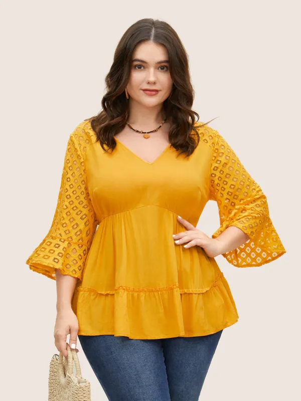 Solid Patchwork Ruffles Raglan Sleeve Blouse sold by Bloomchic