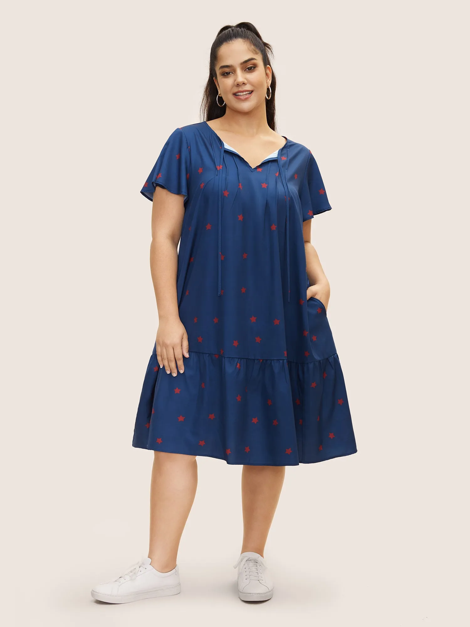 Star Pleated Tie Knot Ruffle Sleeve Dress sold by Bloomchic