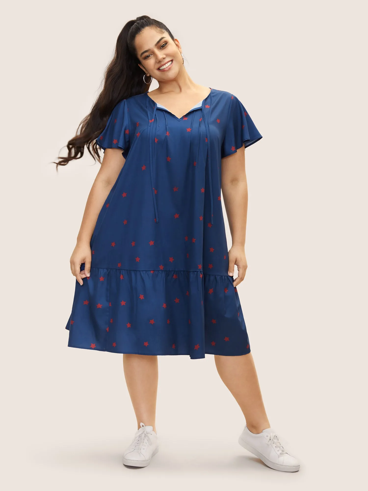 Star Pleated Tie Knot Ruffle Sleeve Dress sold by Bloomchic product image thumbnail 2