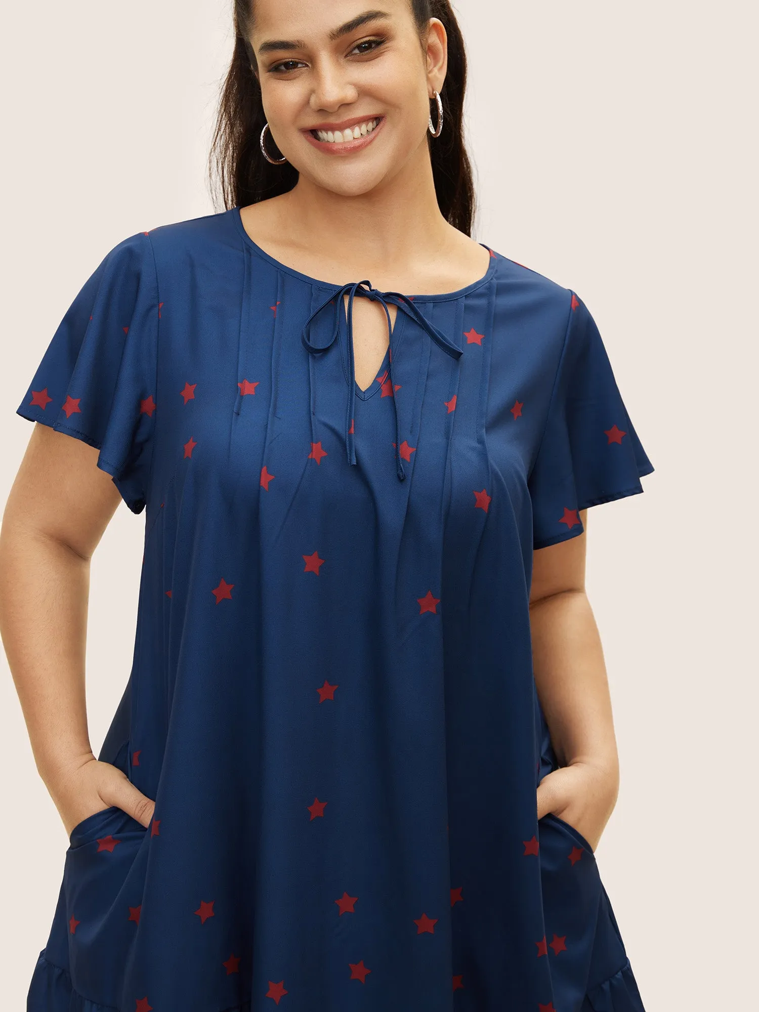 Star Pleated Tie Knot Ruffle Sleeve Dress sold by Bloomchic product image thumbnail 4