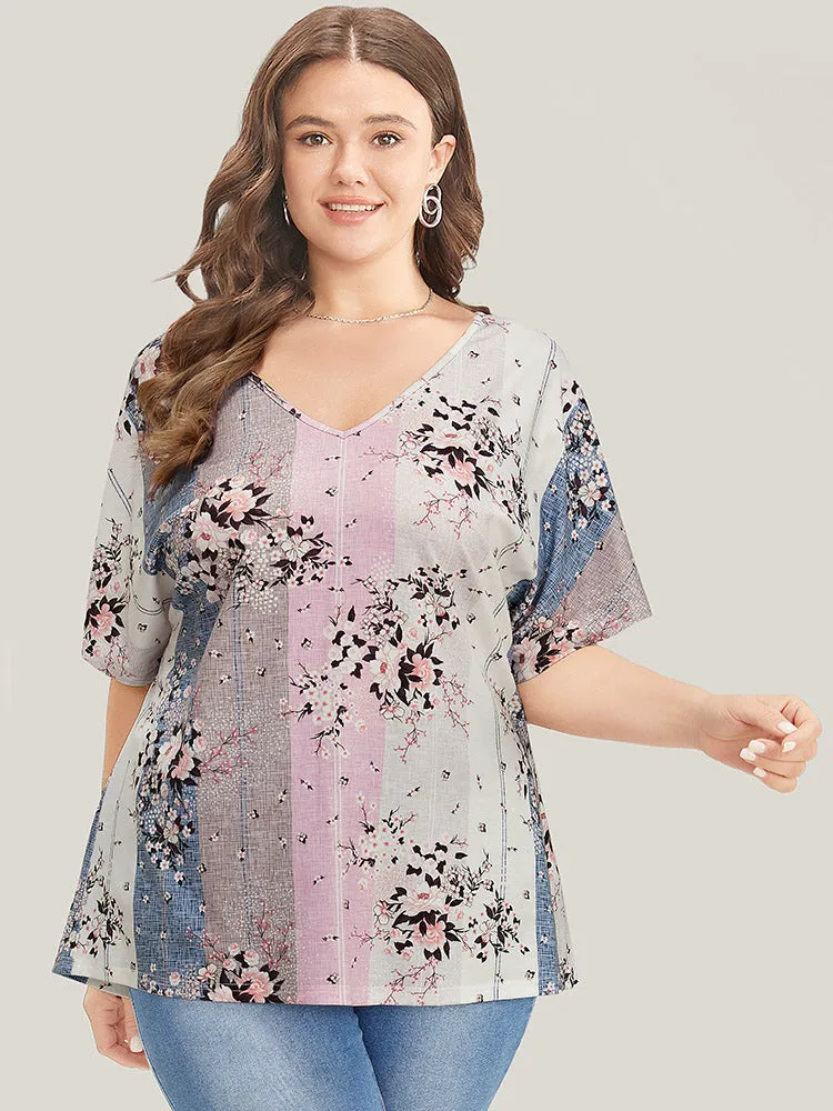 Floral Print Ruffle Sleeve Striped Contrast T-shirt sold by Bloomchic