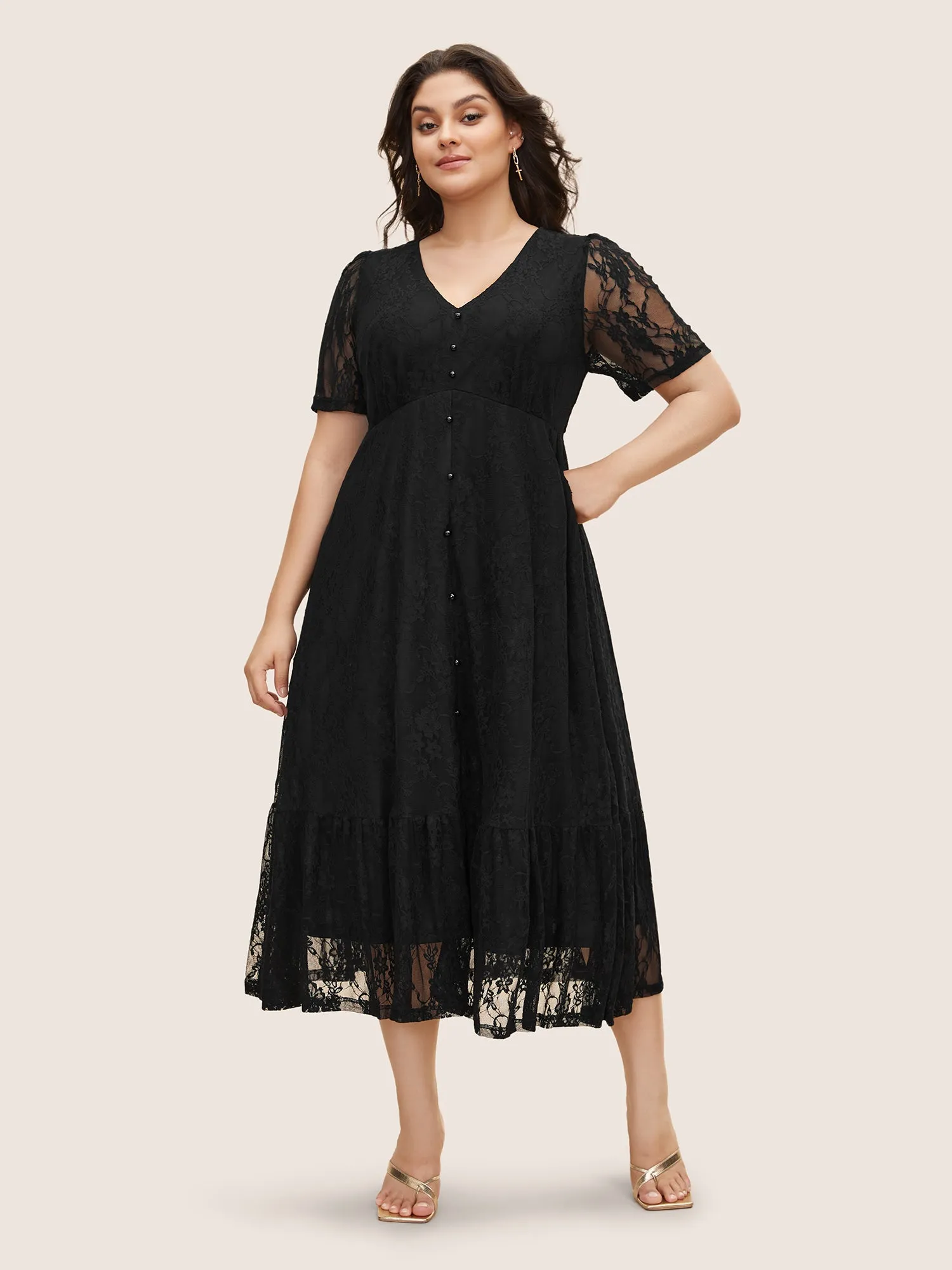 Crochet Lace Mesh Button Detail Dress sold by Bloomchic product image thumbnail 3