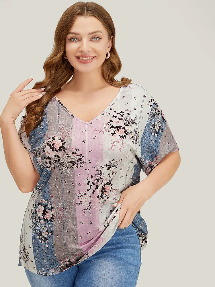 Floral Print Ruffle Sleeve Striped Contrast T-shirt sold by Bloomchic product image thumbnail 4