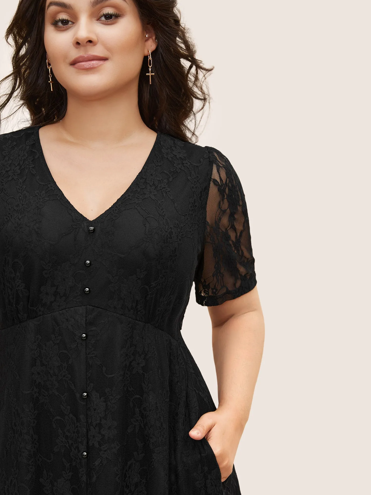 Crochet Lace Mesh Button Detail Dress sold by Bloomchic product image thumbnail 2