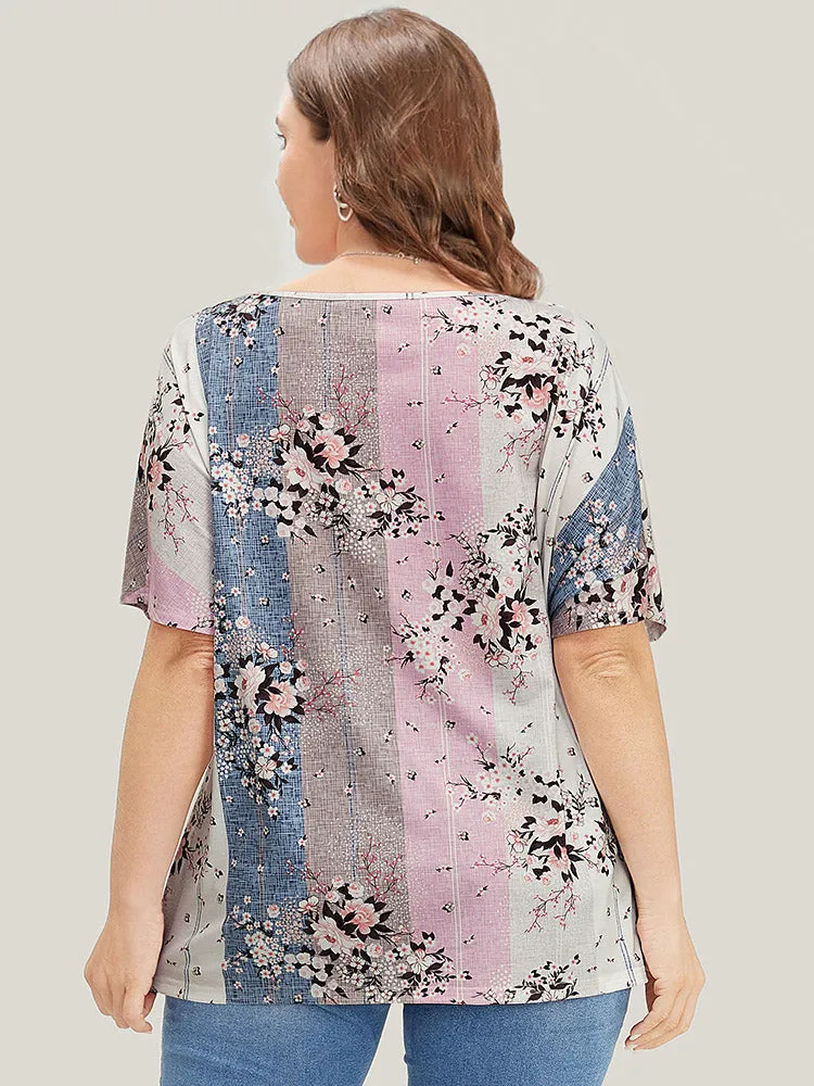 Floral Print Ruffle Sleeve Striped Contrast T-shirt sold by Bloomchic product image thumbnail 2