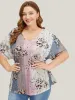 Floral Print Ruffle Sleeve Striped Contrast T-shirt sold by Bloomchic