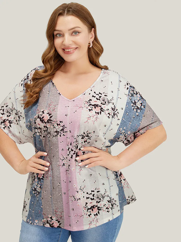 Floral Print Ruffle Sleeve Striped Contrast T-shirt sold by Bloomchic product image thumbnail 5