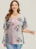 Floral Print Ruffle Sleeve Striped Contrast T-shirt sold by Bloomchic