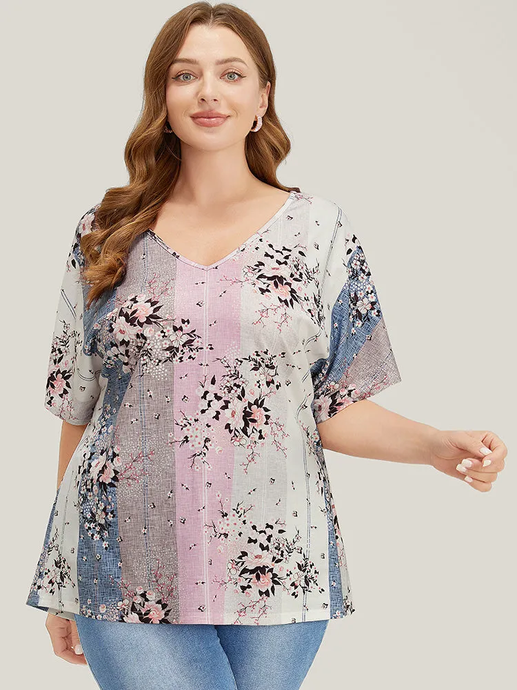 Floral Print Ruffle Sleeve Striped Contrast T-shirt sold by Bloomchic product image thumbnail 3