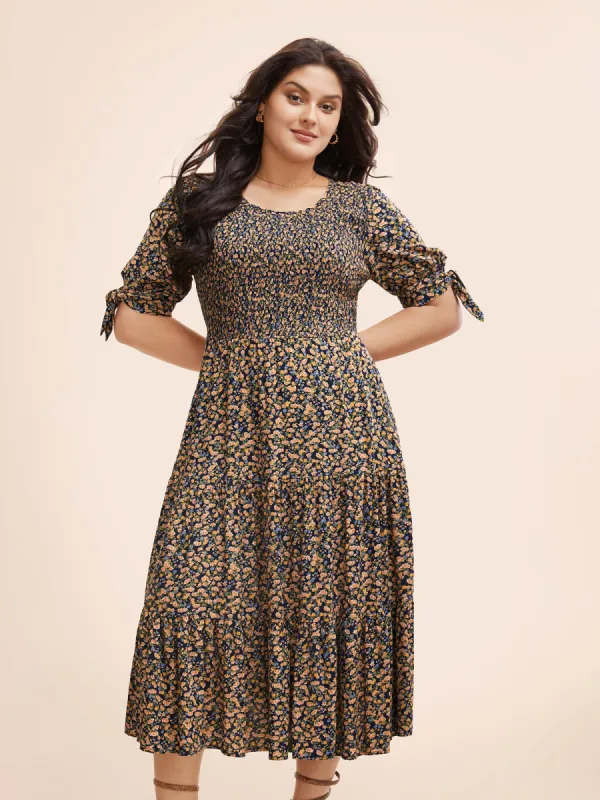 Ditsy Floral Shirred Ruffle Layered Hem Dress sold by Bloomchic