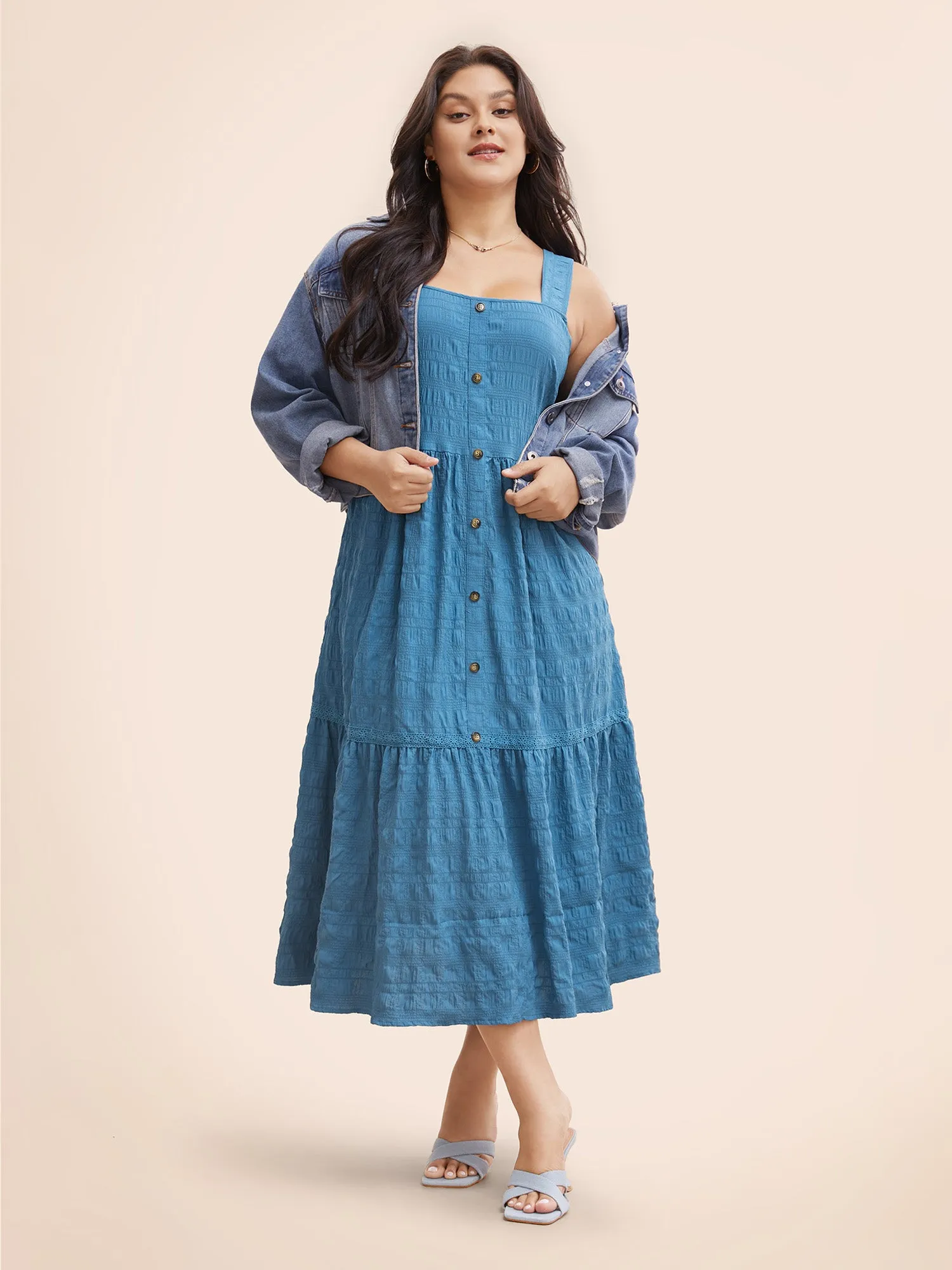 Textured Button Detail Ruffle Layered Hem Dress sold by Bloomchic product image thumbnail 2