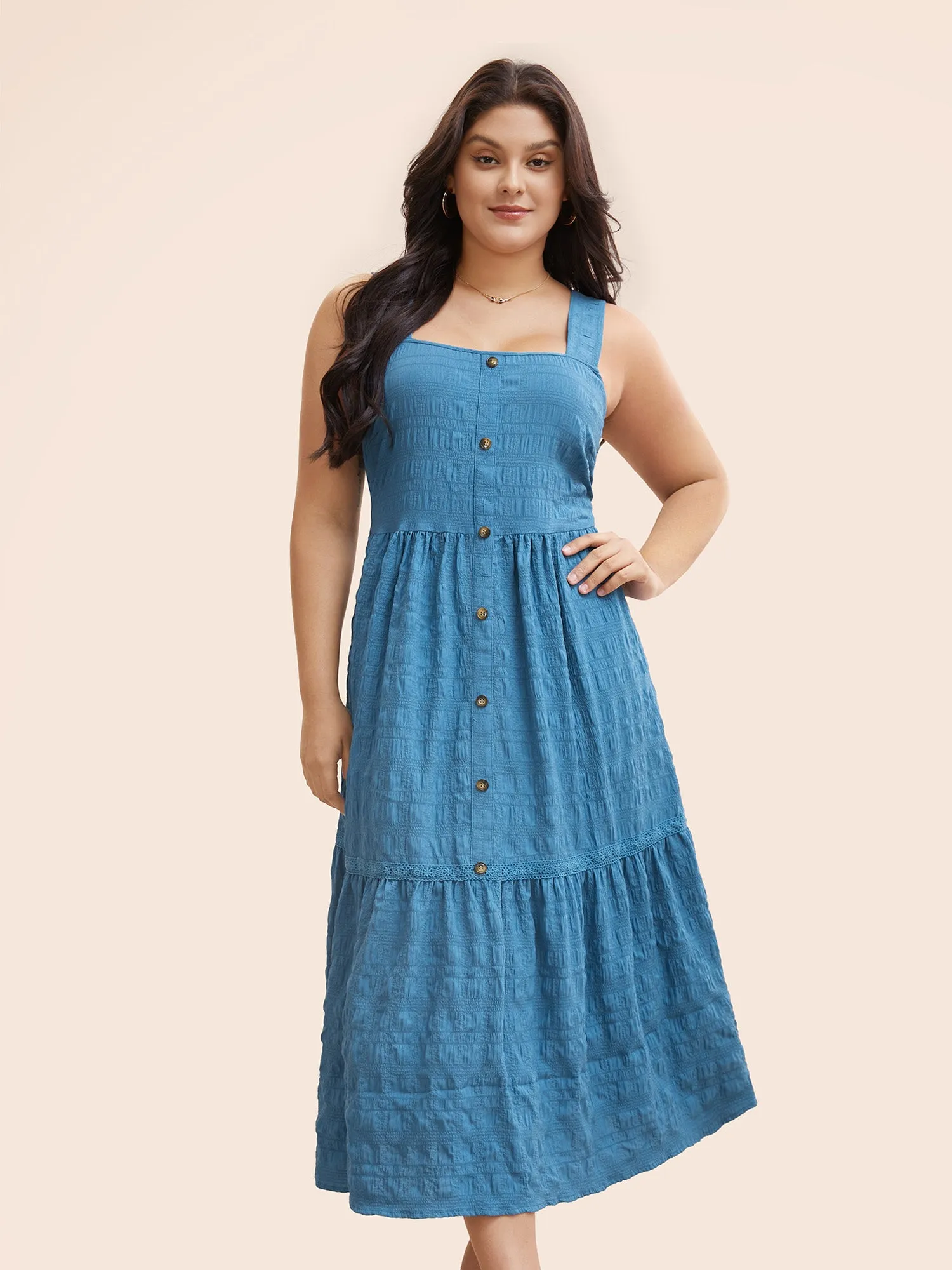 Textured Button Detail Ruffle Layered Hem Dress sold by Bloomchic product image thumbnail 4