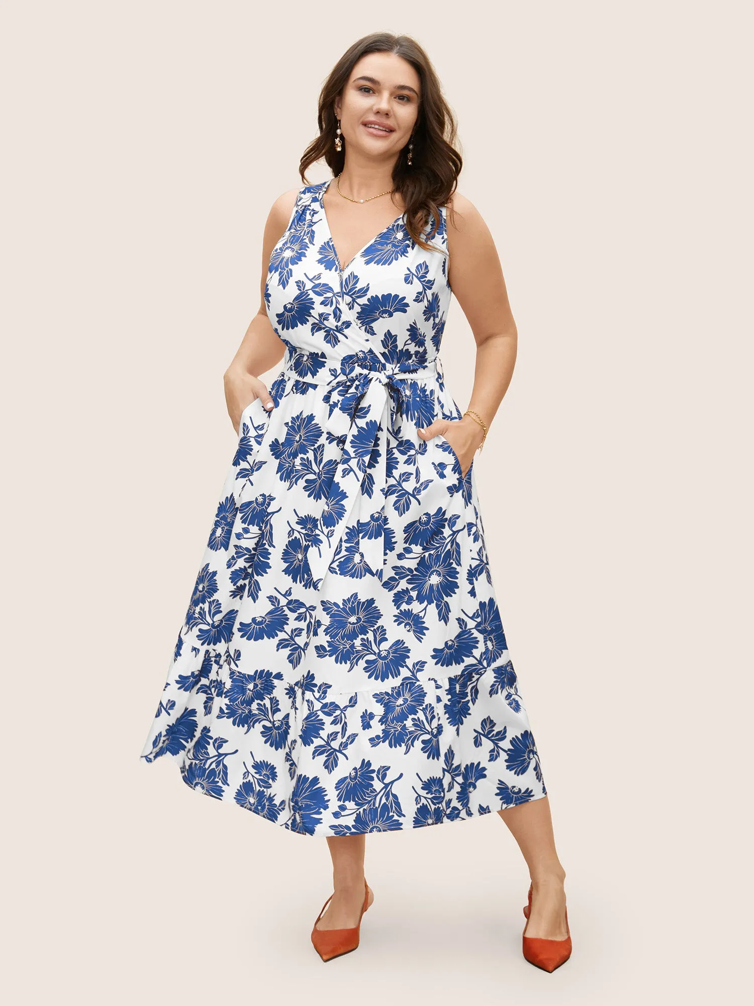 Overlap Collar Floral Sleeveless Belted Dress sold by Bloomchic product image thumbnail 2
