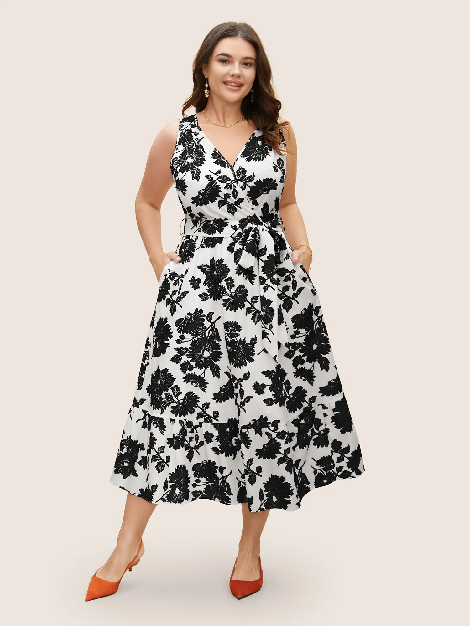 Overlap Collar Floral Sleeveless Belted Dress sold by Bloomchic product image thumbnail 5