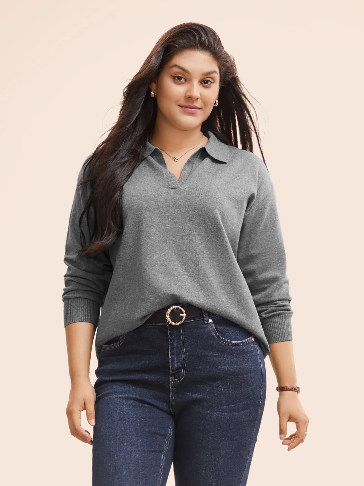 Polo Neck Drop Shoulder Sleeve Soft Pullover sold by Bloomchic