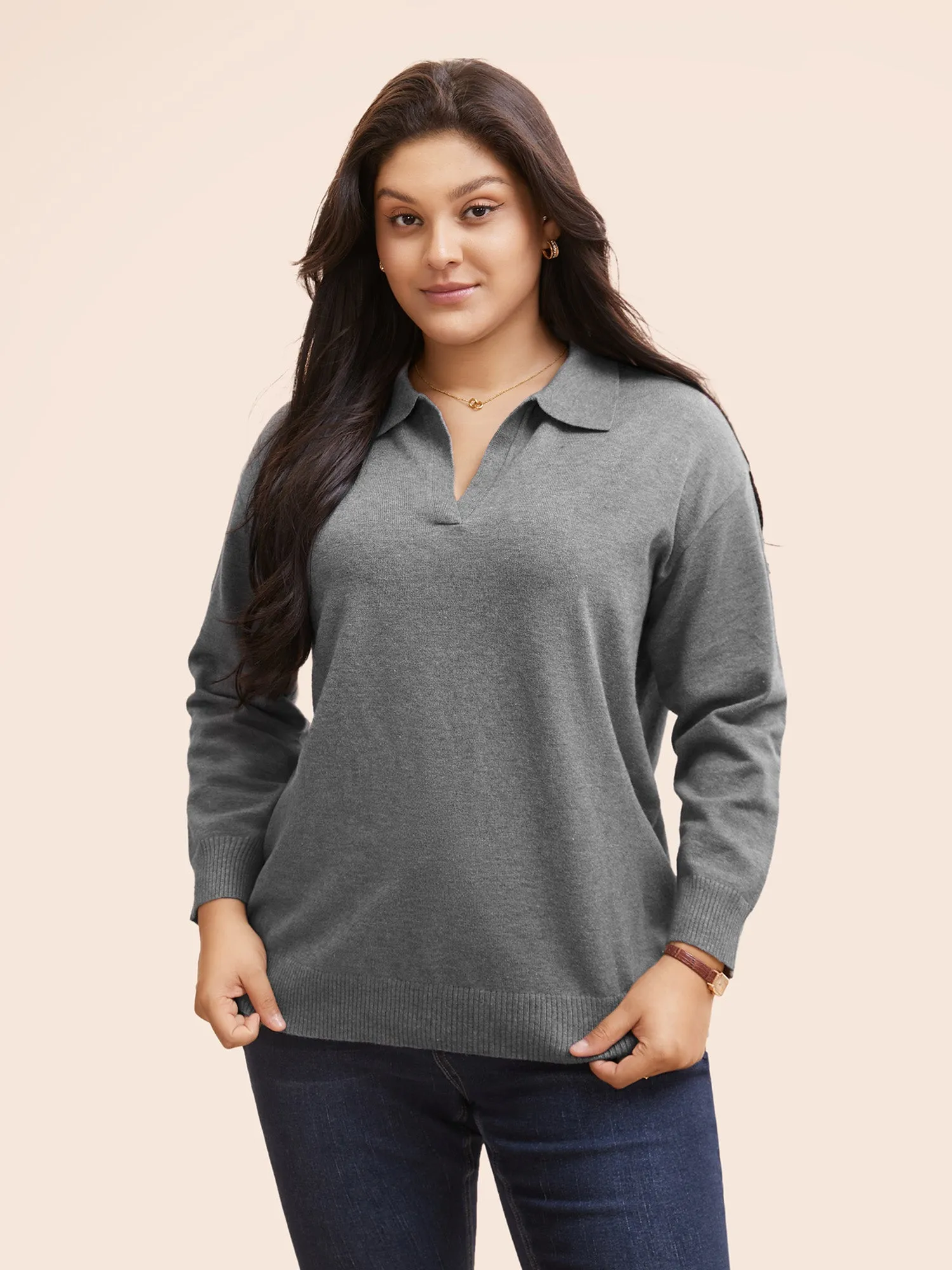 Polo Neck Drop Shoulder Sleeve Soft Pullover sold by Bloomchic product image thumbnail 4