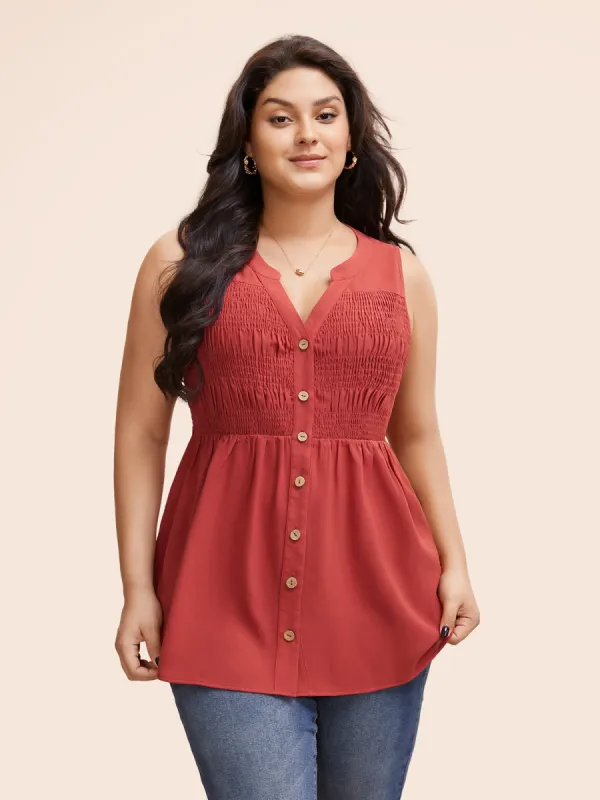 Plain Notched Neck Shirred Tank Top sold by Bloomchic