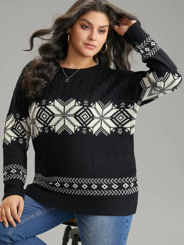 Geometric Jacquard Cable Knit Pullover sold by Bloomchic