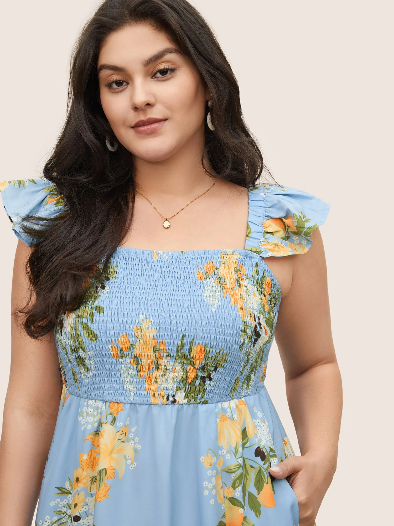Citrus Oranges Print Shirred Ruffle Trim Split Hem Dress sold by Bloomchic product image thumbnail 4