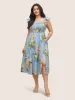 Citrus Oranges Print Shirred Ruffle Trim Split Hem Dress sold by Bloomchic