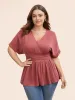 Deep V Neck Shirred Roll Sleeve Blouse sold by Bloomchic
