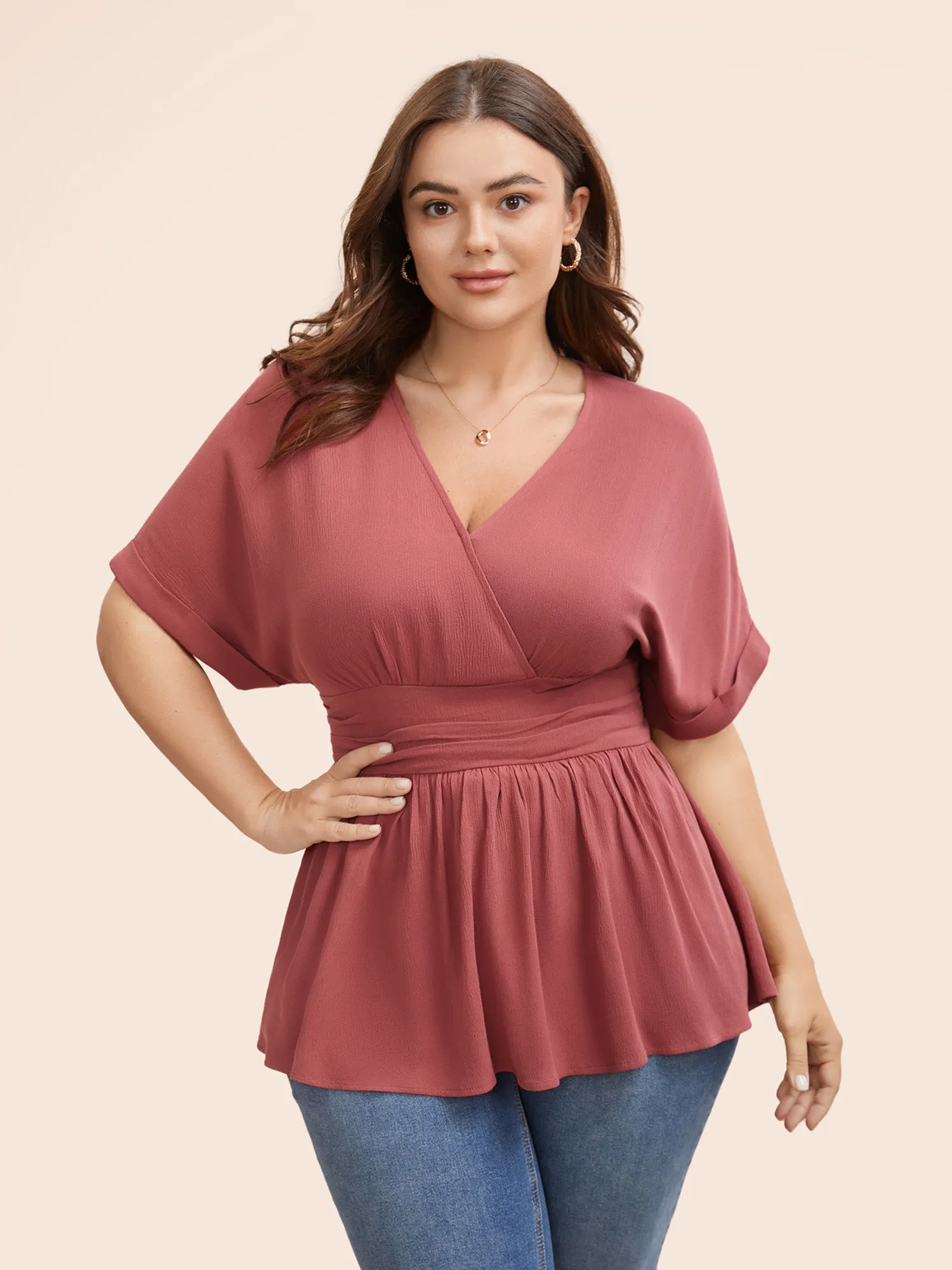 Deep V Neck Shirred Roll Sleeve Blouse sold by Bloomchic