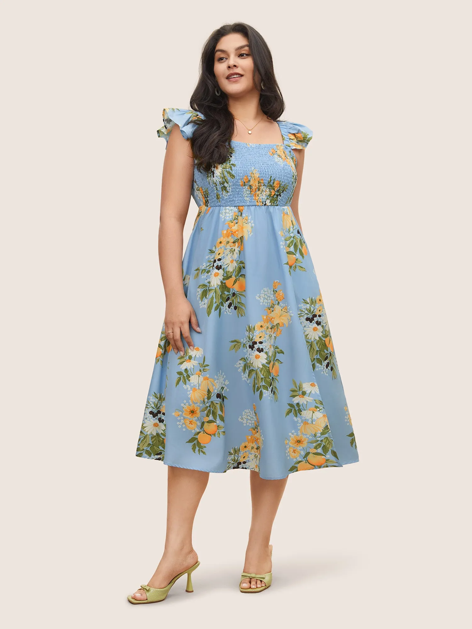 Citrus Oranges Print Shirred Ruffle Trim Split Hem Dress sold by Bloomchic product image thumbnail 2