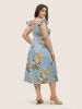 Citrus Oranges Print Shirred Ruffle Trim Split Hem Dress sold by Bloomchic