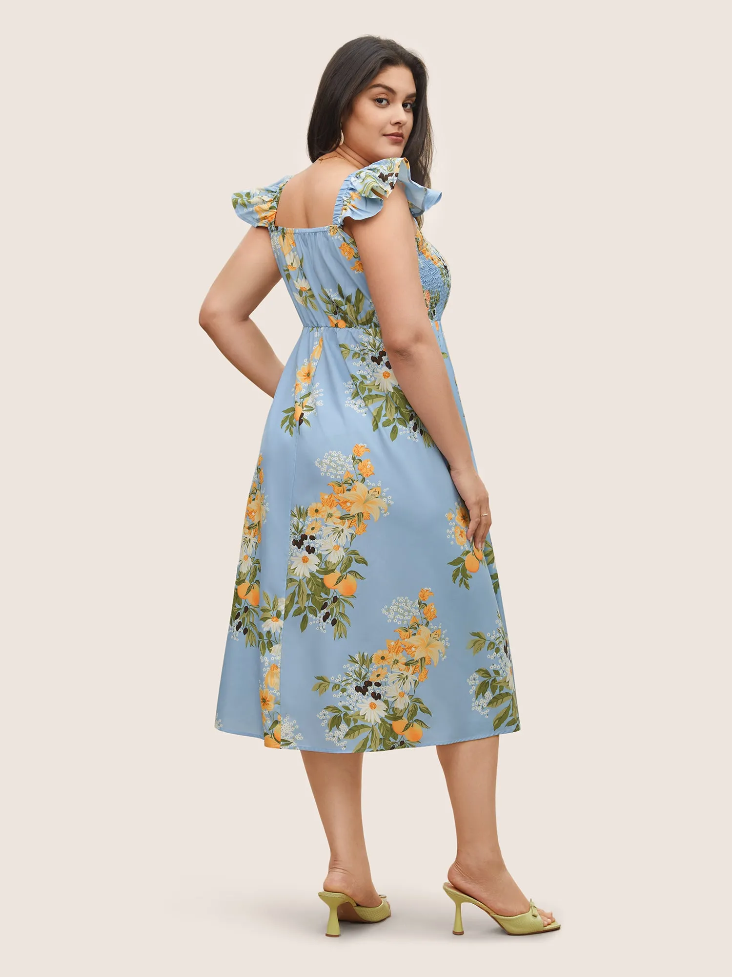 Citrus Oranges Print Shirred Ruffle Trim Split Hem Dress sold by Bloomchic product image thumbnail 3