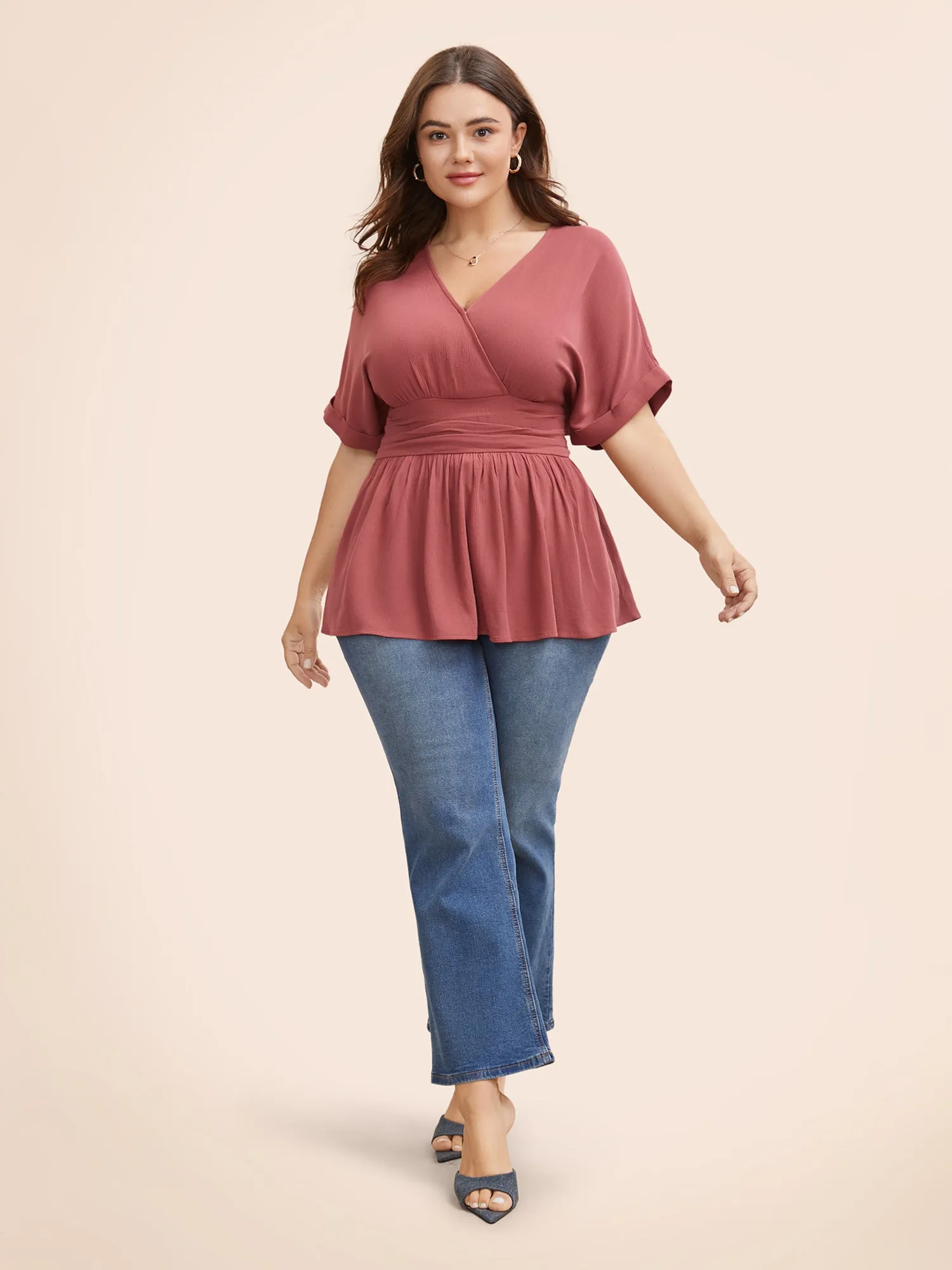 Deep V Neck Shirred Roll Sleeve Blouse sold by Bloomchic product image thumbnail 2