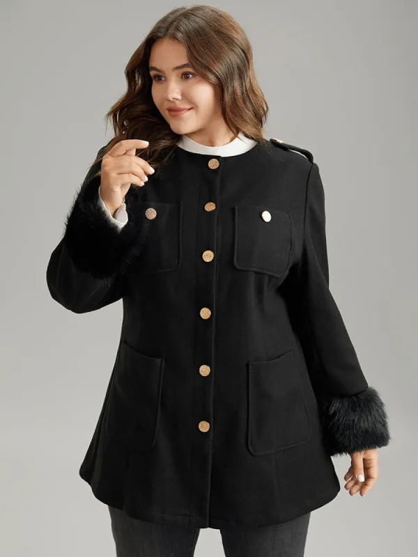 Solid Fuzzy Sleeve Pocket Metal Detail Coat sold by Bloomchic