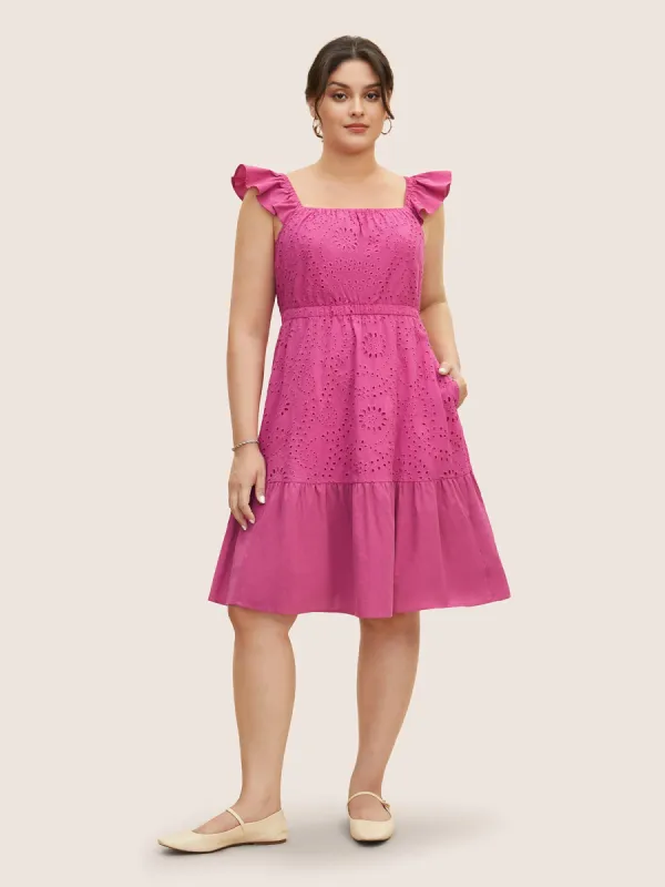 Broderie Anglaise Elastic Waist Ruffle Trim Dress sold by Bloomchic