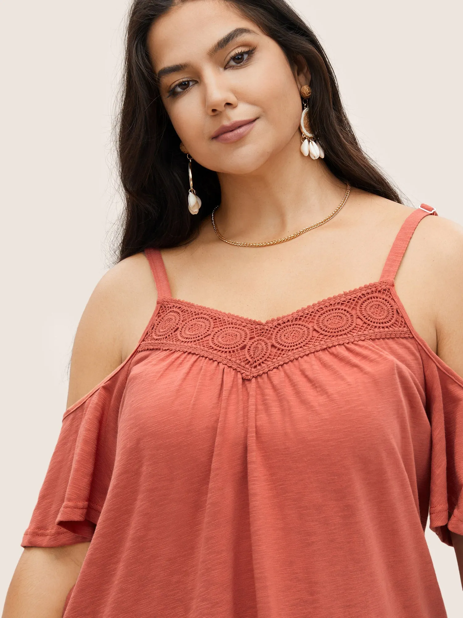 Plain Cold Shoulder Adjustable Straps Lace Panel T-shirt sold by Bloomchic product image thumbnail 4
