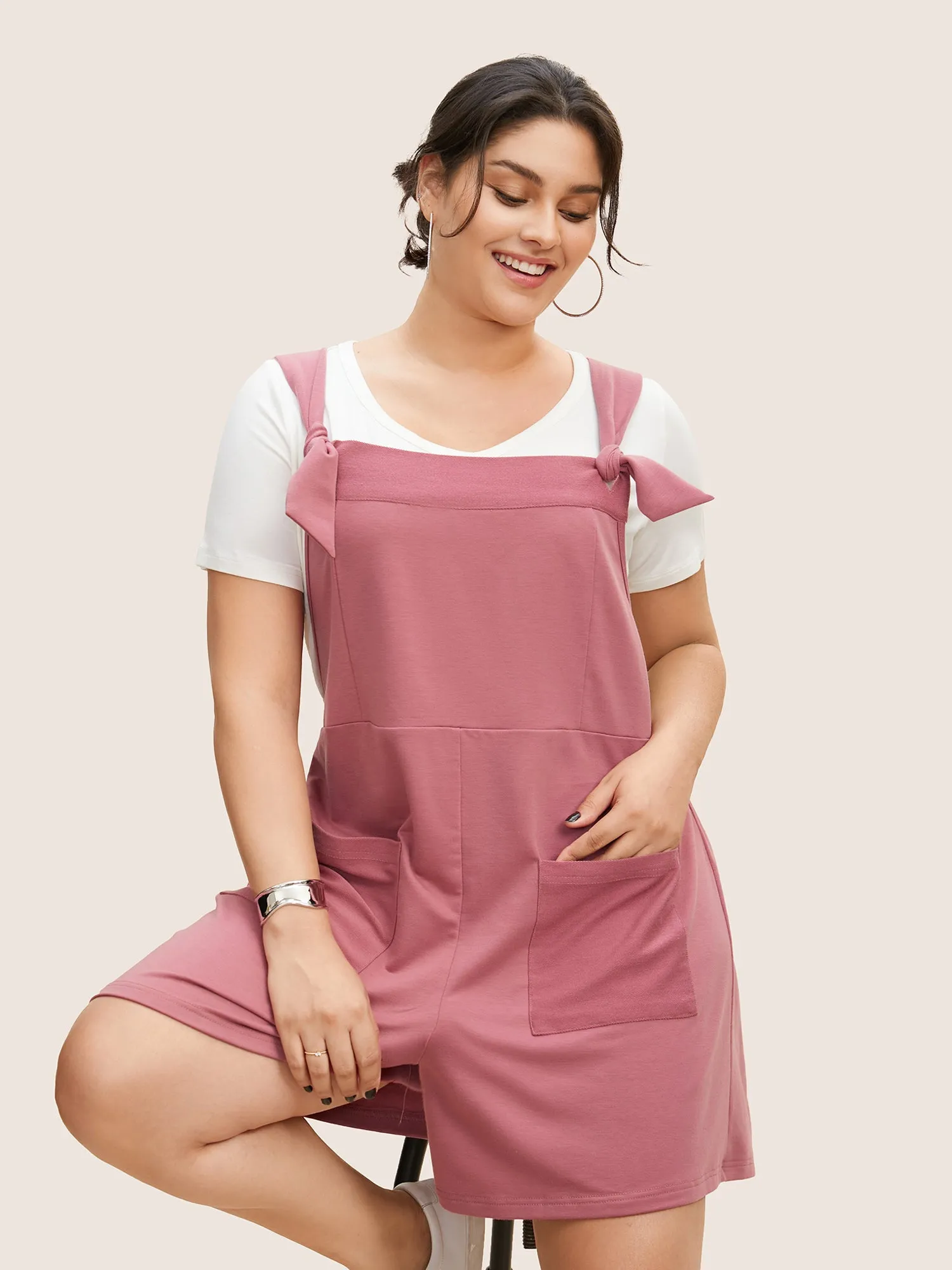 Solid Tie Knot Patched Pocket Romper sold by Bloomchic product image thumbnail 2