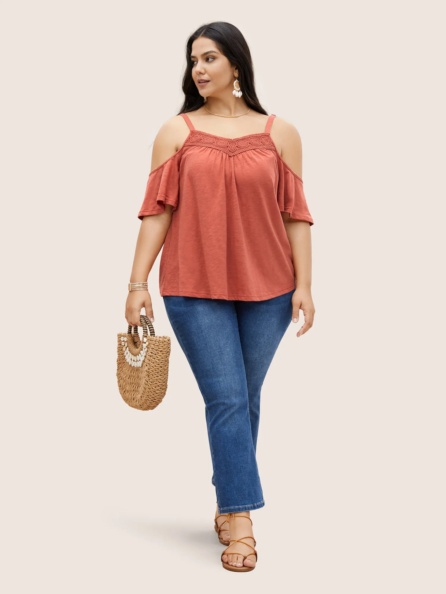 Plain Cold Shoulder Adjustable Straps Lace Panel T-shirt sold by Bloomchic product image thumbnail 3