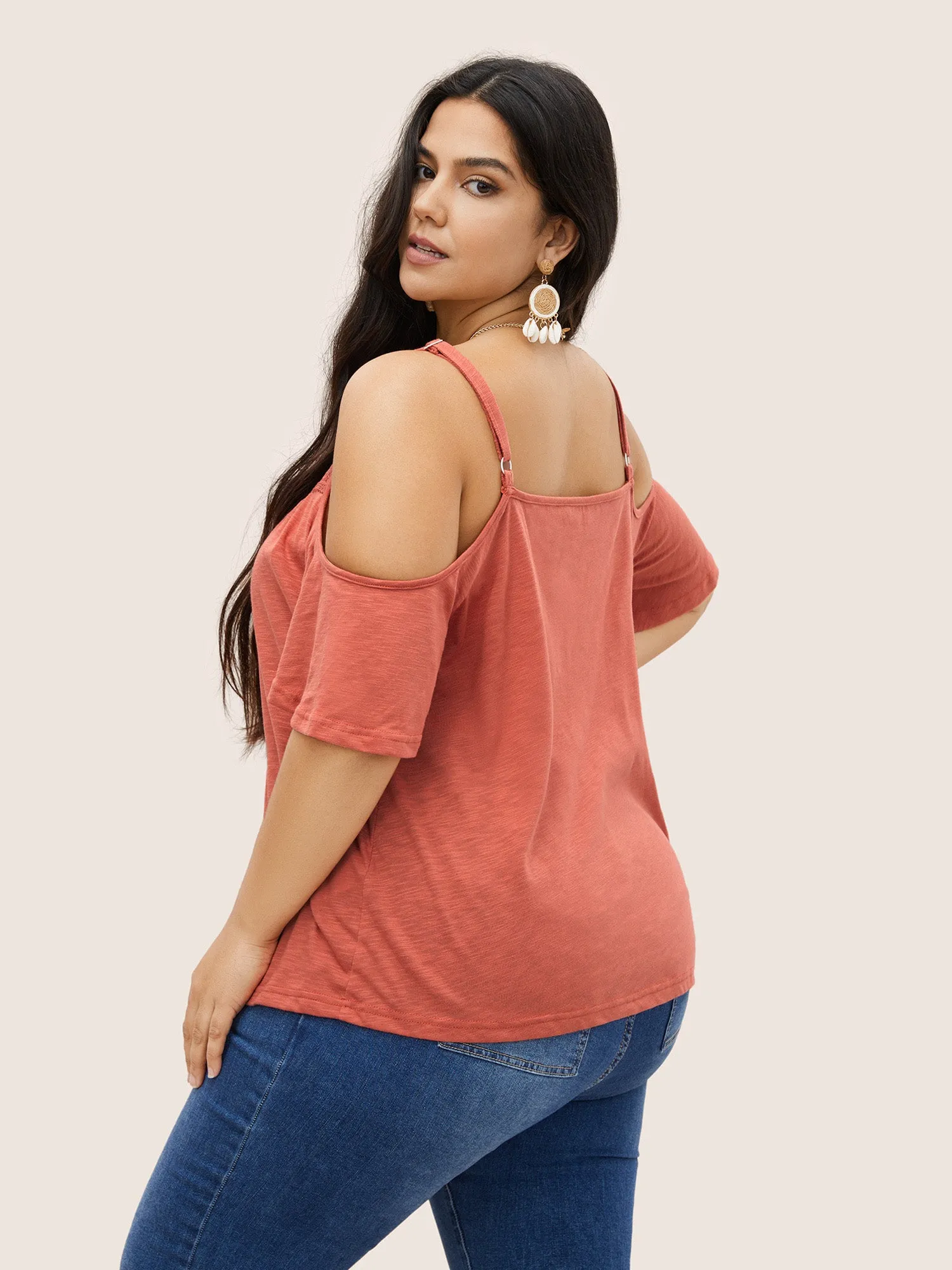 Plain Cold Shoulder Adjustable Straps Lace Panel T-shirt sold by Bloomchic product image thumbnail 2