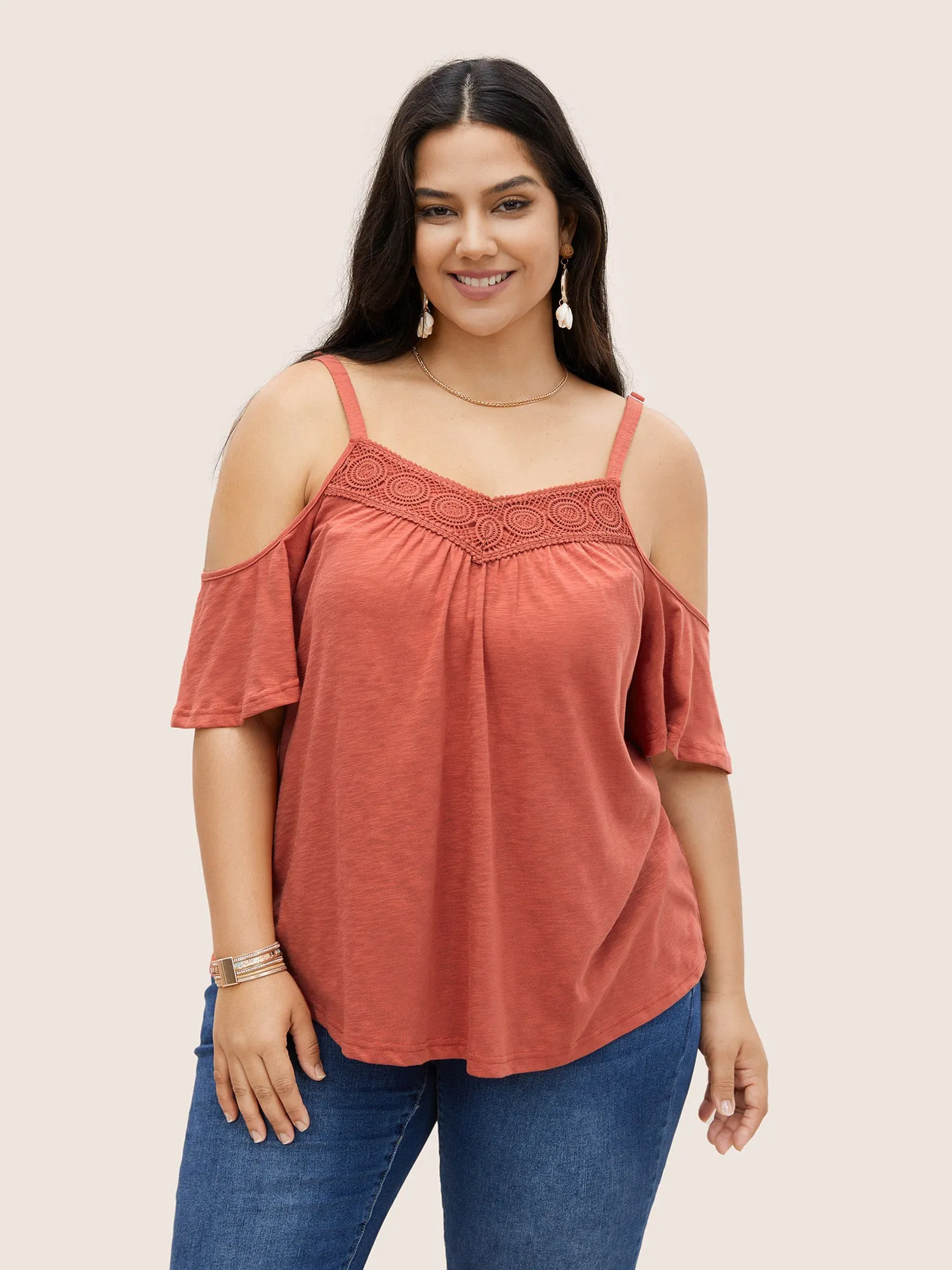 Plain Cold Shoulder Adjustable Straps Lace Panel T-shirt sold by Bloomchic