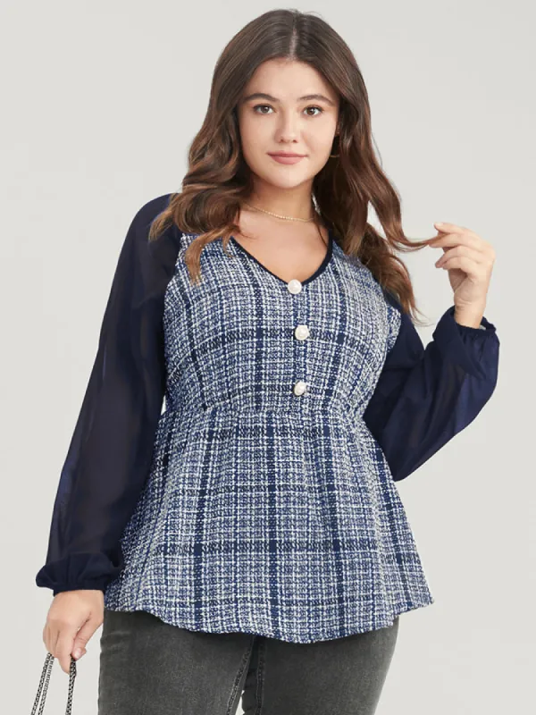 Plaid Patchwork Fake Button Lantern Sleeve Tweed Blouse sold by Bloomchic