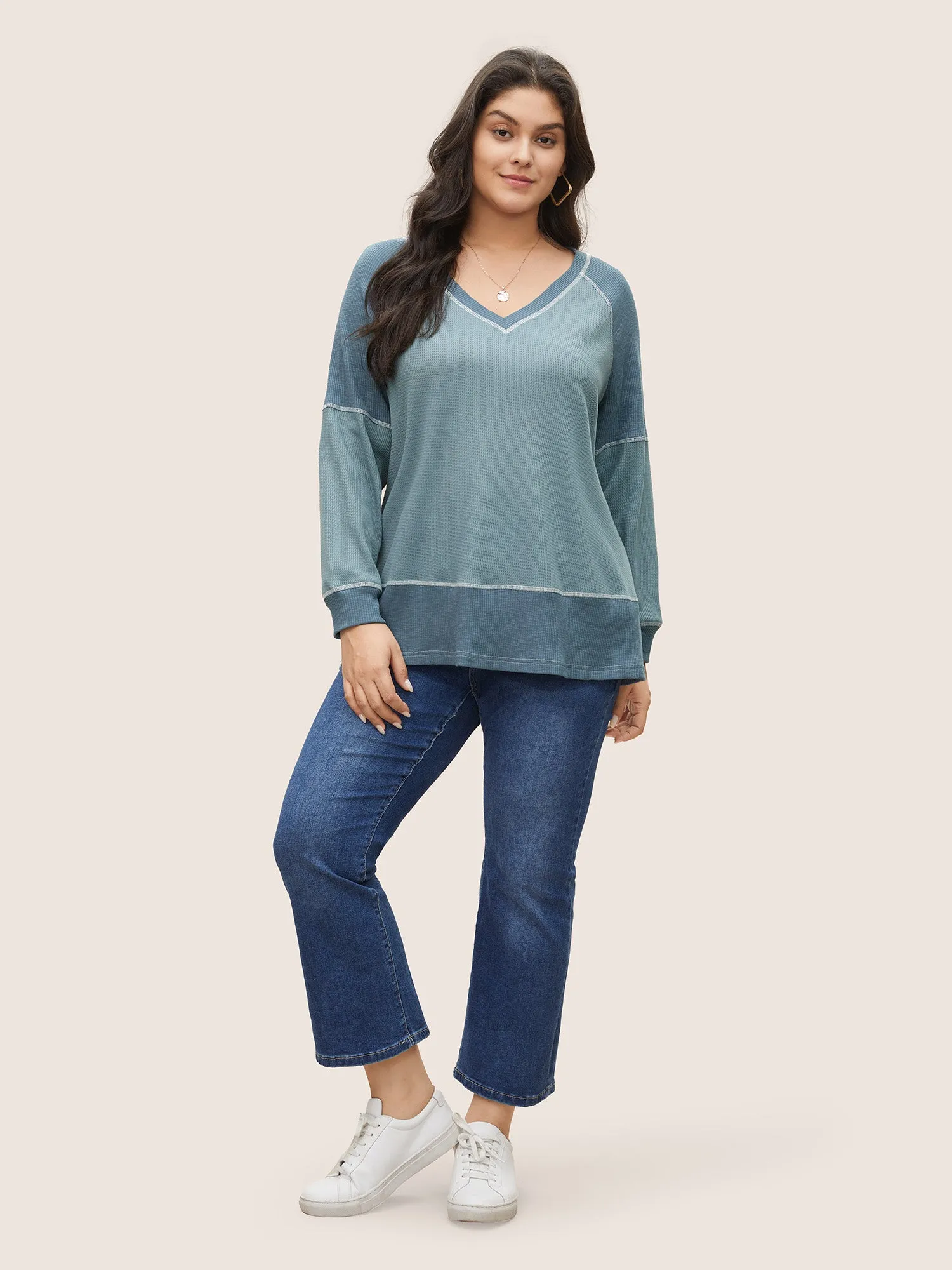 Patchwork Texture Waffle Knit Sweatshirt sold by Bloomchic product image thumbnail 3