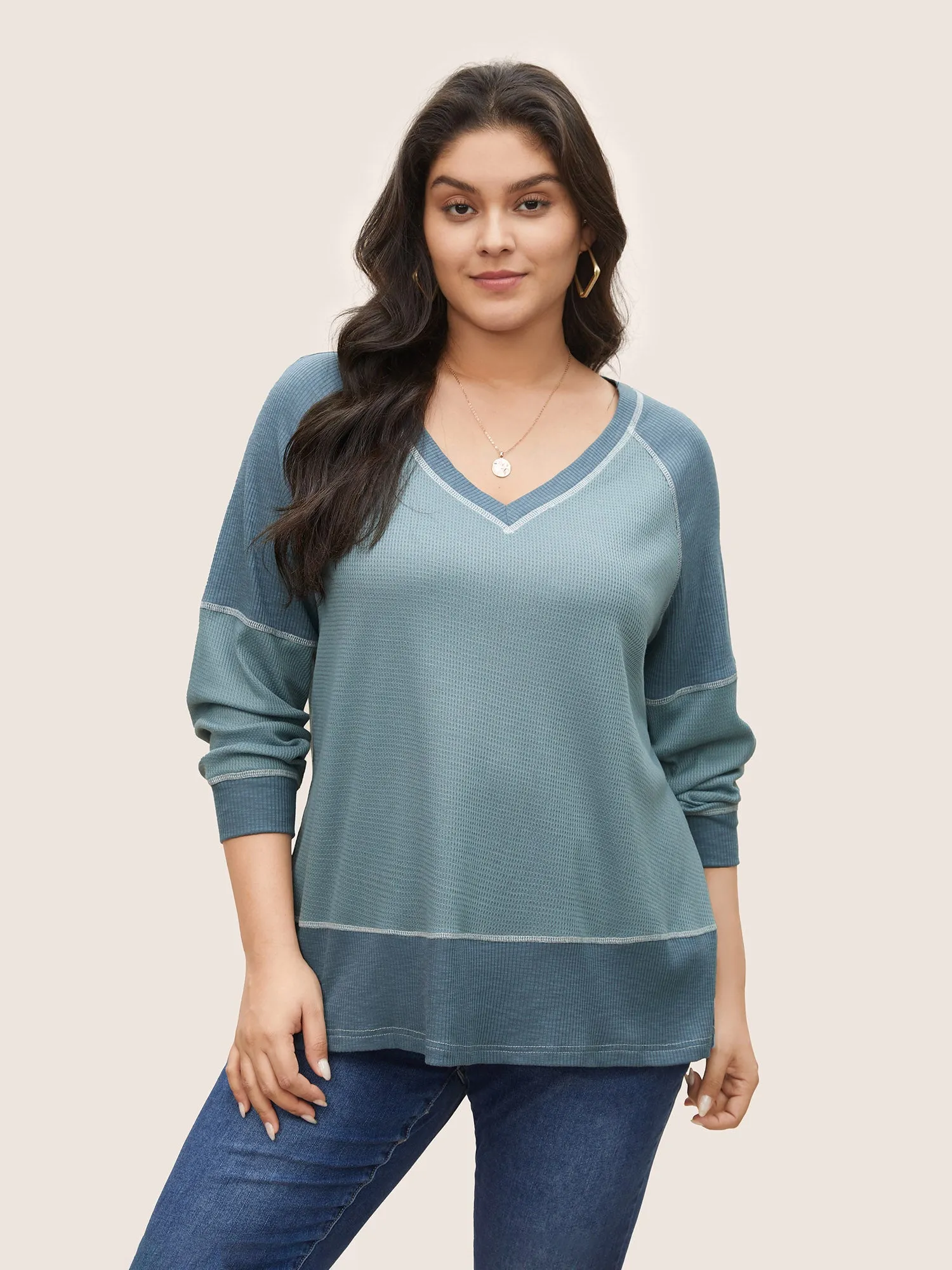 Patchwork Texture Waffle Knit Sweatshirt sold by Bloomchic product image thumbnail 4