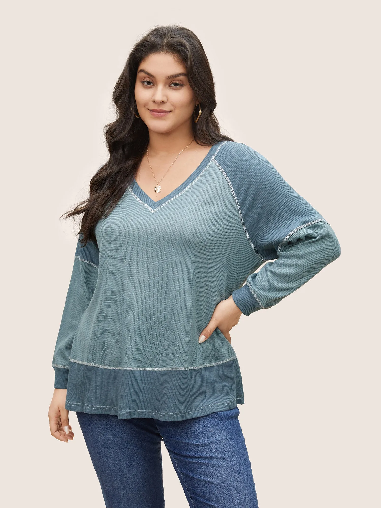 Patchwork Texture Waffle Knit Sweatshirt sold by Bloomchic