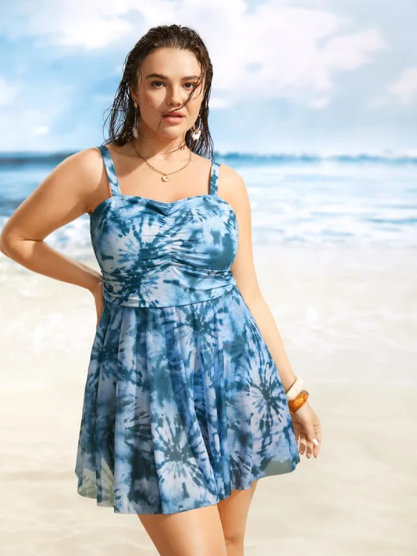 Heart Neckline Tie Dye Ruched Swim Dress sold by Bloomchic
